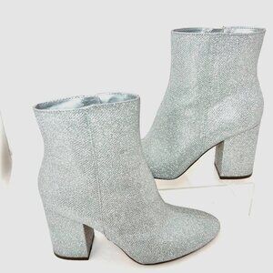 Silver Glitter Ankle Boots Block Heel Side Zip Booties Size 8.5